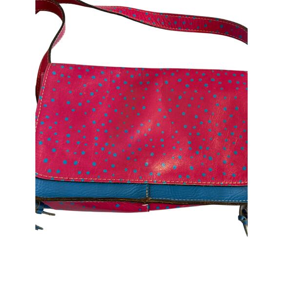 Patricia Nash Italian Leather Boho Chic Hot Pink Blue Polka Dot Crossbody Bag - Picture 3 of 16